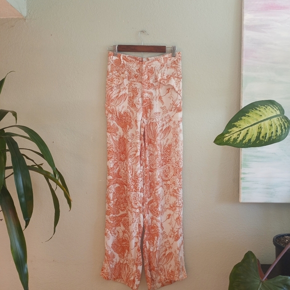 Zara Pastel Peach and Cream Toile Wide Leg Lightwight Flowy Coastal Silky Pant - Picture 2 of 8